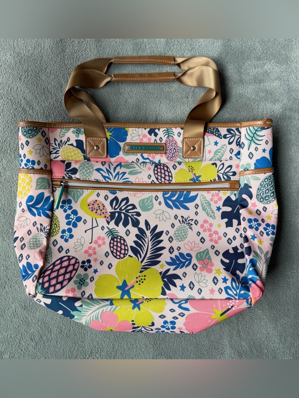 Lily Bloom Tropical Floral & Pineapple Print Large Tote Bag in Pink, Navy & Lime